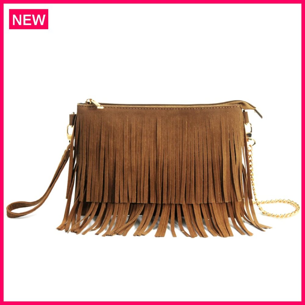 Fringe Crossbody Bag With Removable Strap, Top Zip Wristlet